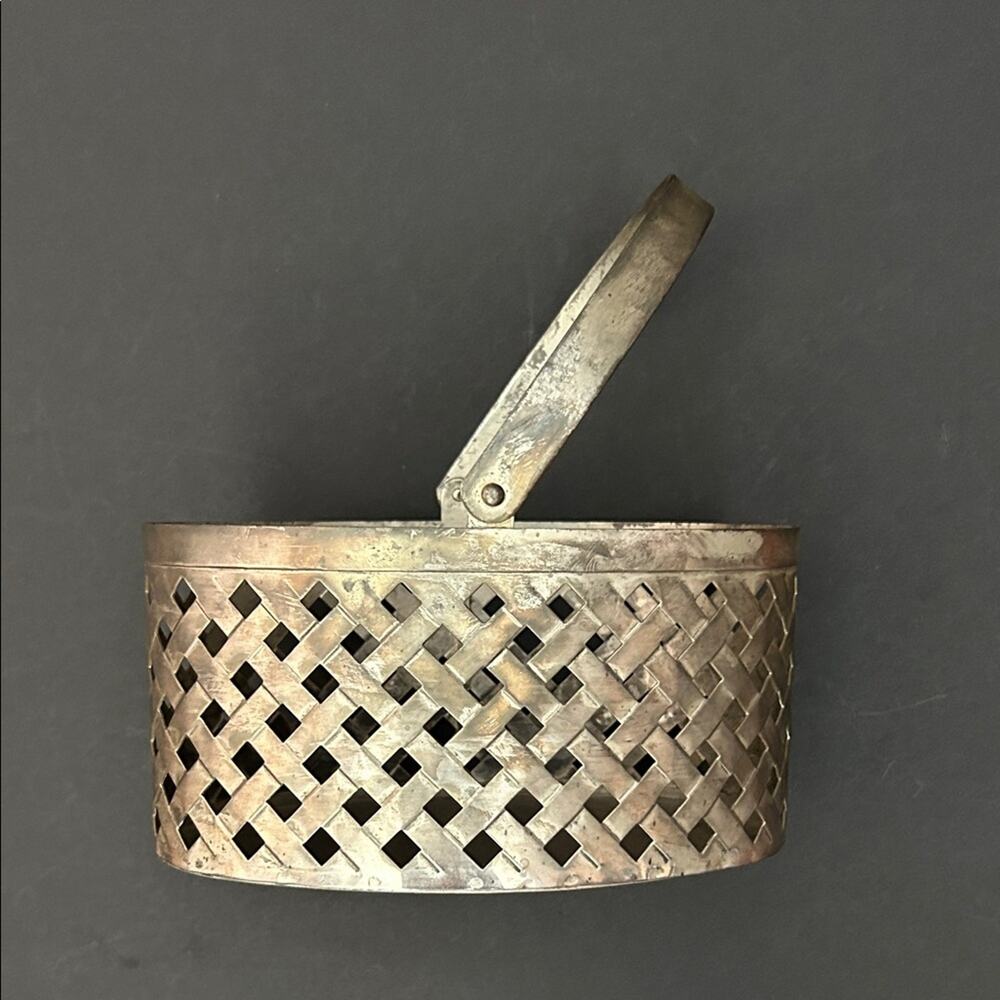Vintage Metal Woven Open Weave Basket With a Swivel Handle, Versatile Storage